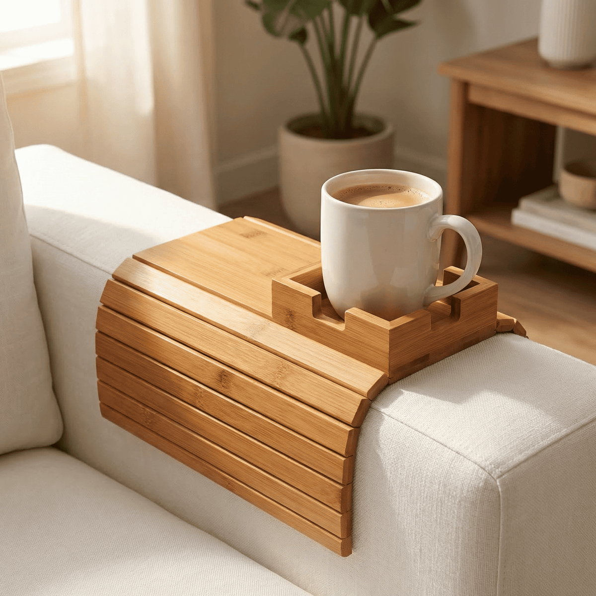 Mysora™ – Halkfri Soffbricka i Bambu med Mugghållare