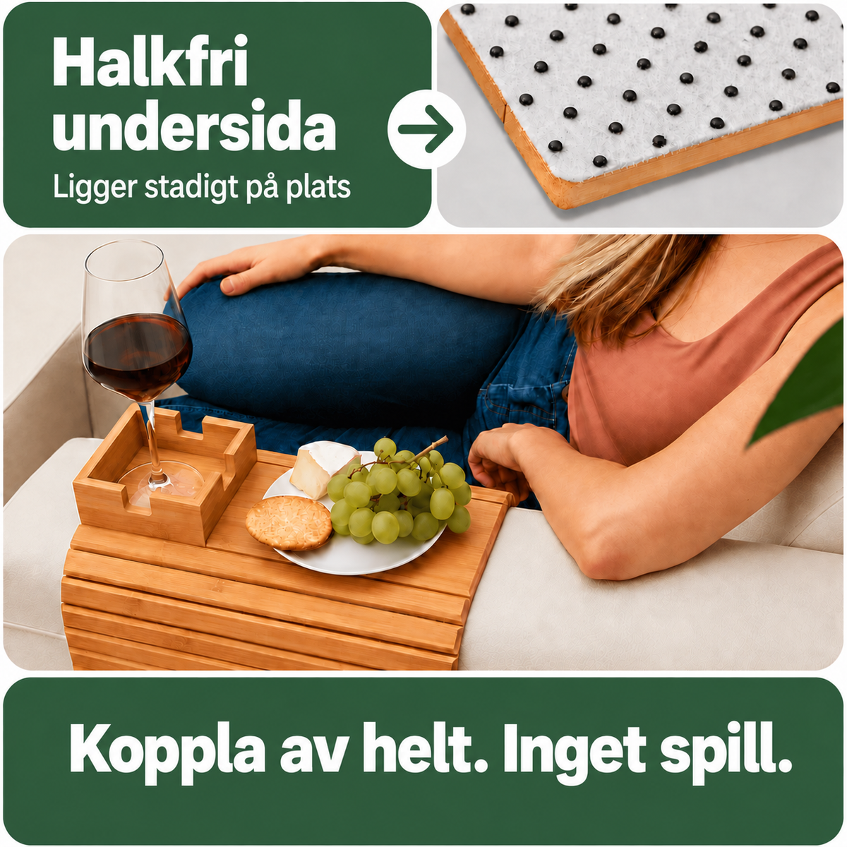 Mysora™ – Halkfri Soffbricka i Bambu med Mugghållare