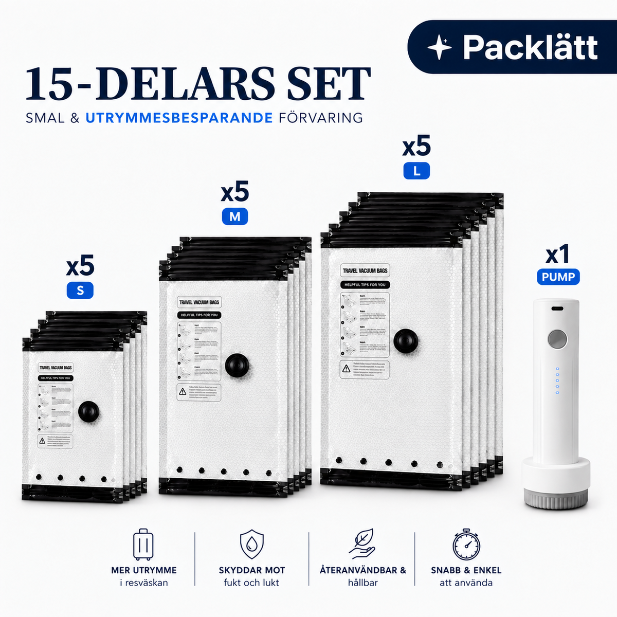 Packlätt™ – Vakuumpåsar för Resväskan med USB-C Pump