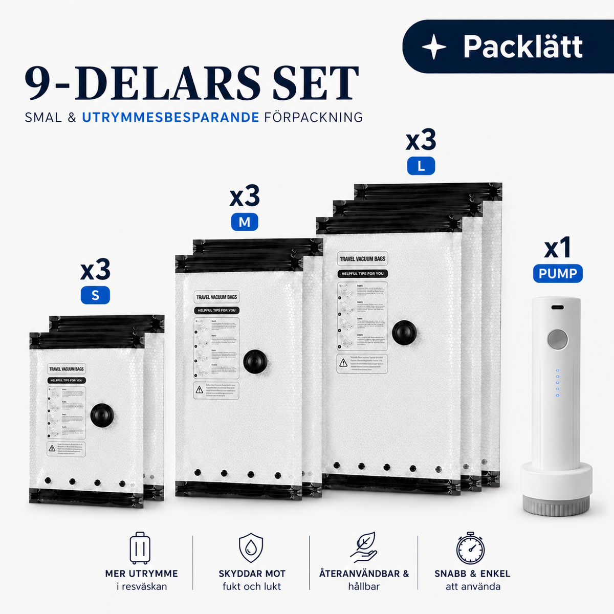 Packlätt™ – Vakuumpåsar för Resväskan med USB-C Pump